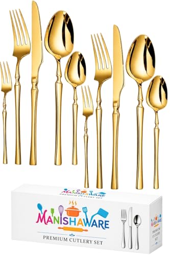 Image of Elegant Handle Gold 10 Pcs Stainless Steel Cutlery Set for Dining Table, Dishwasher Safe Glossy Flatware (2 Spoon Set+2 Forks Set+2 Butter Knife+2 Dessert Spoon+ 2 Fruit Fork)
