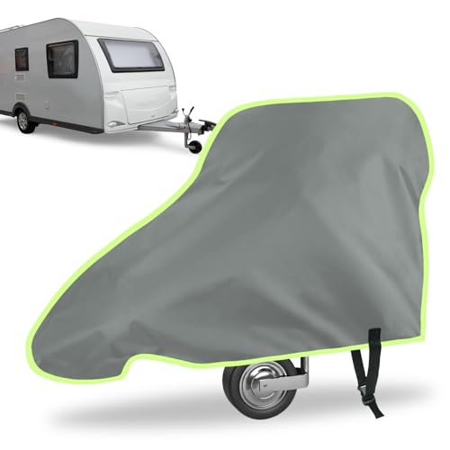 URAQT Deichselabdeckung, Universale Deichselhaube mit Grün Reflexstreifen und Klickverschluss Wetterschutz Plane 420D Deichselschutzhülle für Wohnwagen Wohnmobil und Anhängertypen Grau
