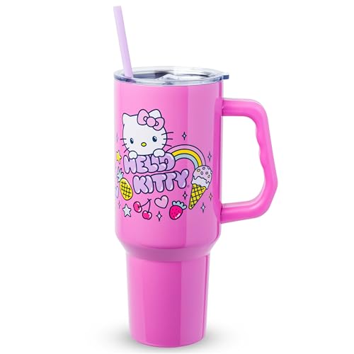Image of Silver Buffalo Sanrio Hello Kitty Summer Double Walled Stainless Steel Tumbler with Handle, Fits in Standard Cup Holder, 40 Ounces