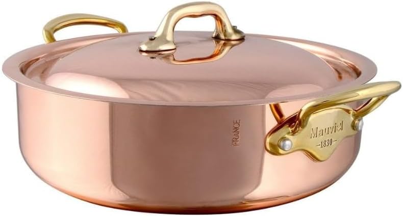 Mauviel M'Heritage 150 B 1.5mm Polished Copper & Stainless Steel Rondeau With Lid & Brass Handles, 6-Qt, Made In France