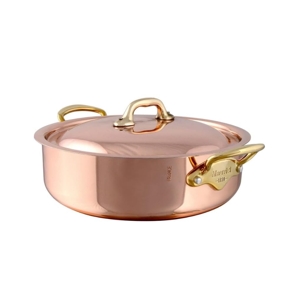 Mauviel M'Heritage 150 B 1.5mm Polished Copper & Stainless Steel Rondeau With Lid & Brass Handles, 6-Qt, Made In France