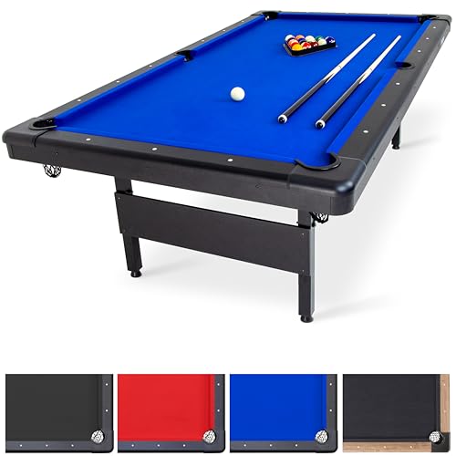 GoSports Full Size 8 ft x 4.2 ft Billiards Game Table - Foldable Design, Includes Full Set of Pool Balls, 2 Cue Sticks, Chalk, and Felt Brush - Blue