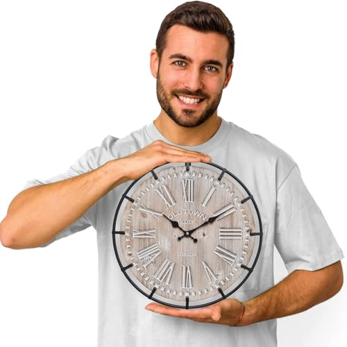 Image of EMAX HOME 12 Inch Farmhouse Wall Clock Rustic Antique Wood with Metal Circle and Large Engraved Numerals, Silent Battery Operated Wall Clock for Office Kitchen Bedroom Living Room