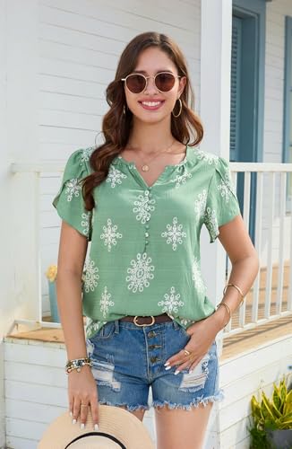 GUNEST Boho Blouses for Women Trendy Petal Short Sleeve V Neck Blouses Casual Loose Fit Button Tunic Tops Green XXL — view 4