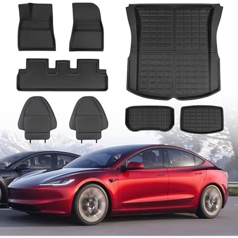 TAPTES 2025 for Tesla Model 3 Highland Floor Mats & Seat Back Kick Protector Backseat Mat 2024 2025, Full Set All Weather Cargo Liners Trunk Carpet Seat Cover for Car Interior Accessories (8 PCS) Cover