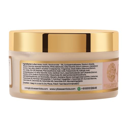 Image of RYLLZ ESSENTIALS Rice Water Face Mask | with Kaolin Clay, 5% Niacinamide, 2% Salicylic Acid, 2% Hyaluronic Acid, Ceramide & Aloe Vera Gel | For Glowing Skin, Dark Spots, Oil Control, Open Pores, Uneven & Dull Skin | For All Skin Types | Korean Skincare | 50Gm