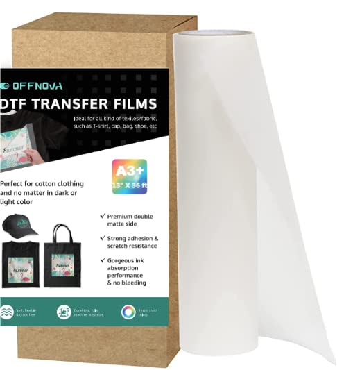 OFFNOVADTF Transfer Film Roll, A3 Plus 13" x 36 ft PET Heat Press Transfer Paper Compatible with All DTF Printer, Direct to Film for T-Shirts Textile