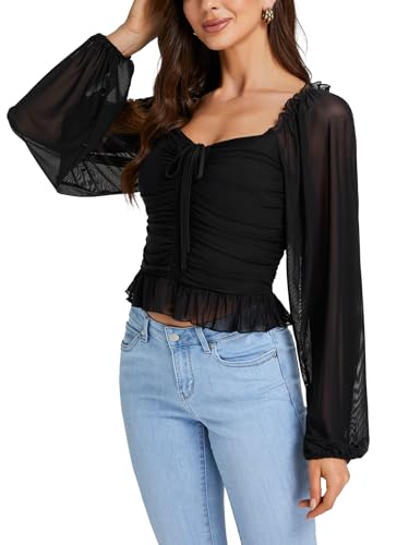 LYANER Women's Sweetheart Neck Self Tie Knot Shirred Back Mesh Lantern Long Sleeve Blouse Shirt Top3