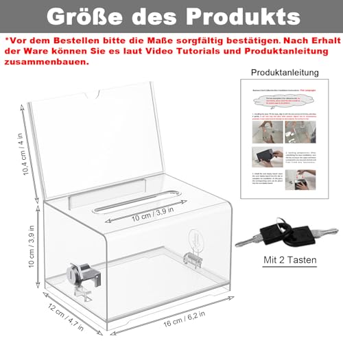 Acrylspendenbox, Spendenbox Abschließbar, Wahlurne Transparent mit Schlüssel Schloss, Spardose Transparent, Kommentarbox, zum Sammeln von Visitenkarten, Abstimmungen und Tickets