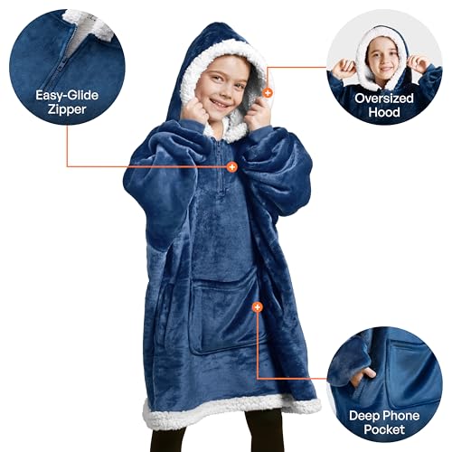 Image of Giggling Getup Wearable Blanket Hoodie for Girls and Boys Sherpa Fleece Hooded Blanket Sweatshirt Warm Cozy Sherpa Wearable Throw Oversized Hoodie with Giant Pocket & Sleeves for Kids Navy