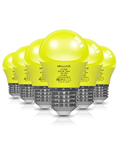 ORALUCE Yellow Porch Light Bulb 40 Watt Equivalent,A15 LED Bulbs for Halloween Christmas Party Decoration and Lighting,Colored Light Bulb with E26 Base,5W 450LM Non-Dimmable,6 Pack.