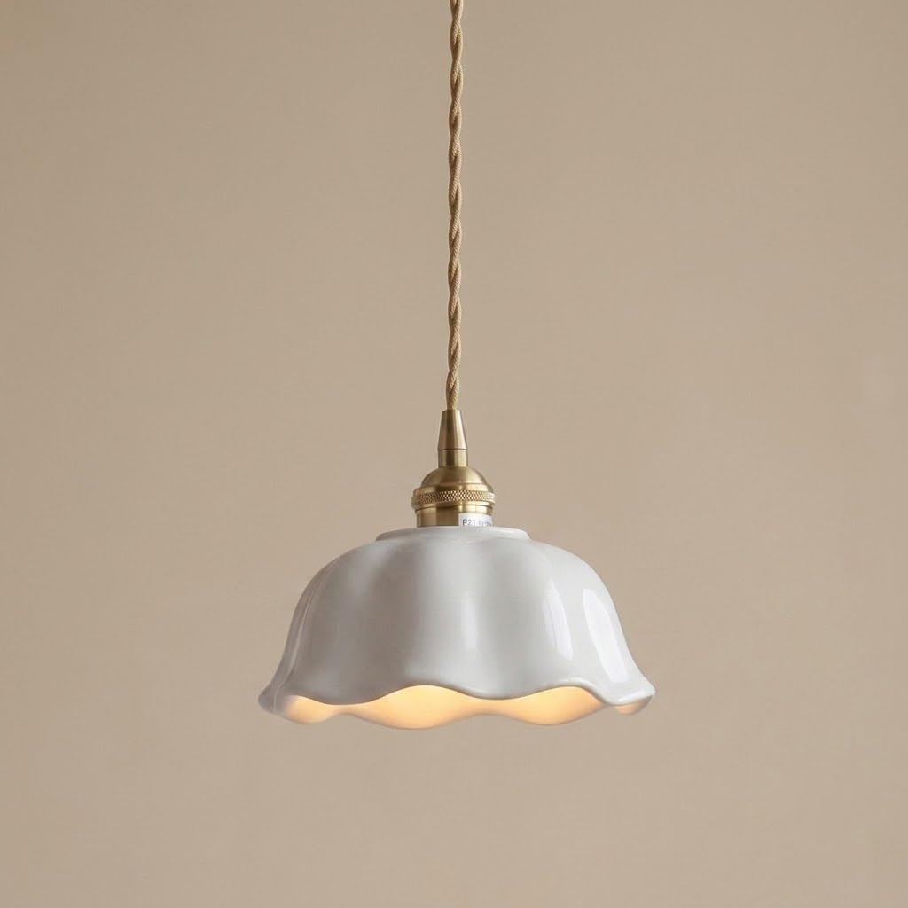 COSRUB Ceramic Flower Pendant Lights, Scalloped White Mini Hanging Lamps with Brass Vintage Pleated Wave Porcelain Chandelier for Bedside Kitchen Island
