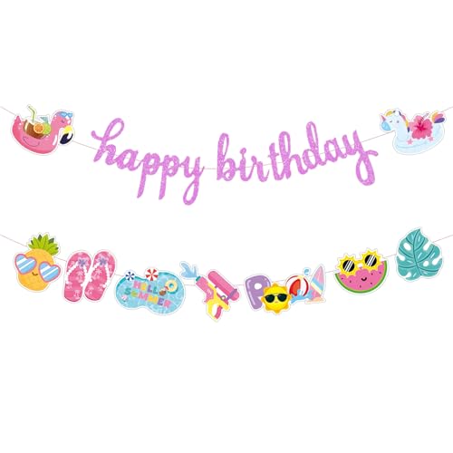 Image of Summer Happy Birthday Banner for Pool Party Decoration Supplies | Beach Hawaii Luau Tropical Garland, Pink, Paper