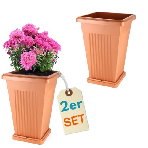 GarPet 2er Set Pflanzkübel Pyramide Pflanzkübel Groß Außen Blumenkübel Outdoor Pflanztopf Pflanzkasten Blumentopf mit Untersetzer Rechteckig 50 Terrakotta