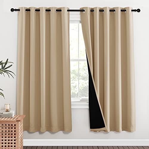 Image of NICETOWN Living Room Completely Shaded Draperies, Privacy Protection & Noise Reducing Ring Top Drapes, Black Lined Insulated Window Treatment Curtain Panels(Biscotti Beige, 2 Pieces, W62 x L72)