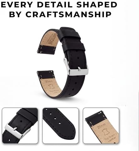 BARTON WATCH BANDS Quick Release Top Grain Leather Watch Band Strap, Black Leather/Black Stitching, 22mm - 2