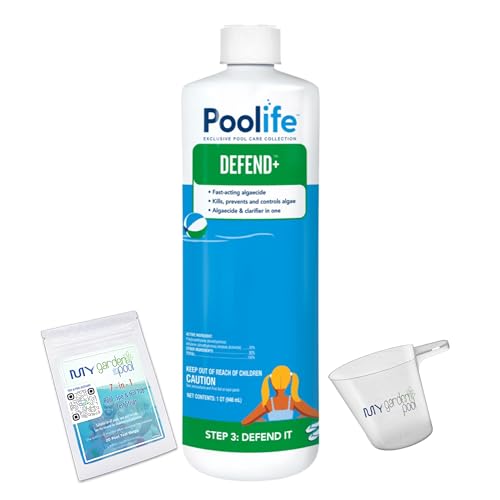 Poolife Defend+ 32 fl oz – 3-in-1 Pool Algae Protection – Clarifier + Preventative Shield – Includes Easy Measuring Cup