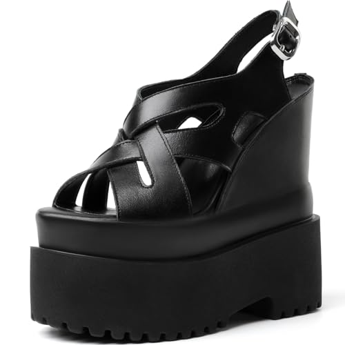 Summer New Retro Super High Wedges Heels Platform Peep Toe Cross-tied Buckle Strap Genuine Leather Women Gladiator Sandals 240306