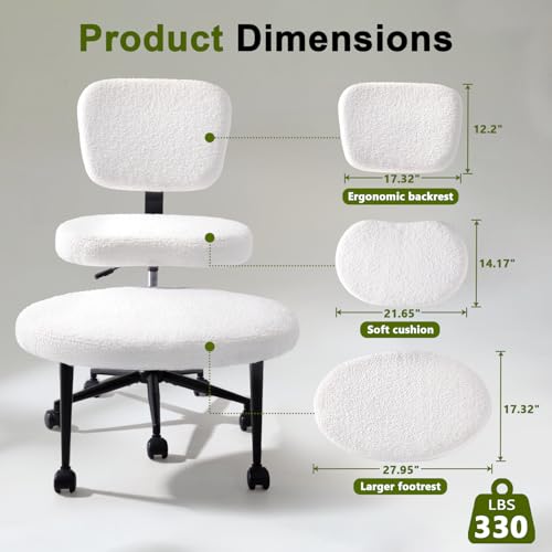 Image of VITESSE Cross-Legged Ergonomic Chair 360 Swivel with Wheels, Adjustable Meditation Seat for ADHD, Lumbar Support, Teddy Fabric Home Office Chair,Off White