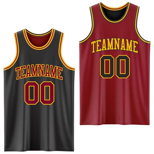 Basketball Game Jersey Unisex Youth Adult, Custom Black Maroon Reversible Basketball Uniform Tank Tops Printed Gold Letters, Personalized Double Side Two Tone Sports Sleeveless T-Shirts, Gift for Fans