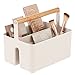 mDesign Cesta con asa para el baño – Caja organizadora con 2 compartimentos para cosméticos, maquillaje o pintaúñas – Organizador de cosméticos portátil de plástico con asa de madera – crema
