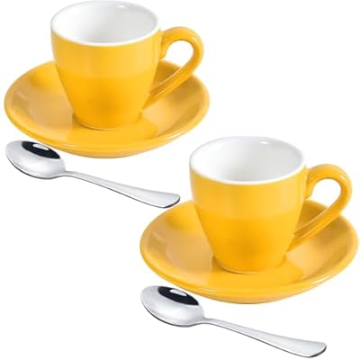 ionEgg Porcelain Espresso Cup with Saucer And Stainless Steel mini Spoons, Espresso shot Cup, 80ml/2.7Oz, Pack of 2, Yellow
