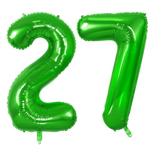 Number 27 Balloons for 27th Birthday Party Decorations, 0-100 Large No.27 Balloons for Women Men and Her Him, 40 Inch Fruit Green Foil Helium Balloon for 27 Year Old Anniversary Decorations