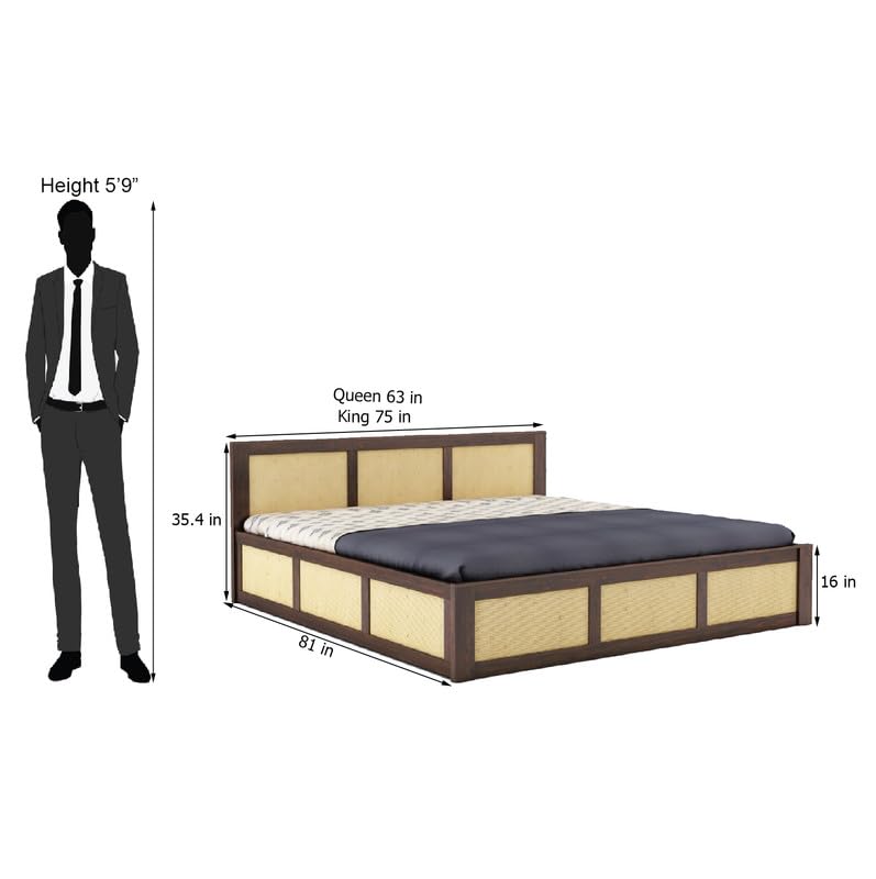 Image of Solid Sheesham Wood Queen Size Bed with Box Storage for Bedroom Home Living Room Hotel Wooden Double Bed Cot Palang Furniture (Walnut Finish)