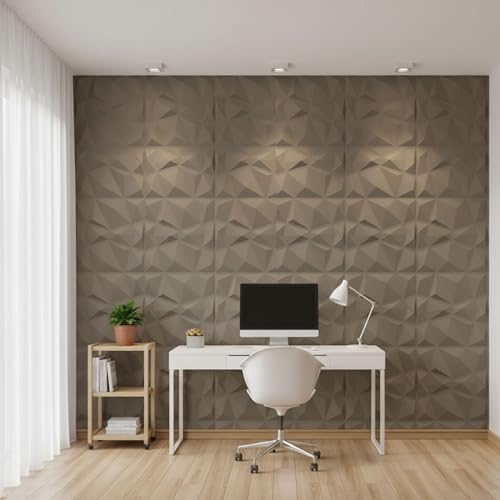 Image of Kayra Decor Wall Panels for Bedroom - PVC Diamond Design, Mega Graige Color 19.7 inch X 19.7 inch (Pack of 12) - Covers 32.34 Sq. Ft.