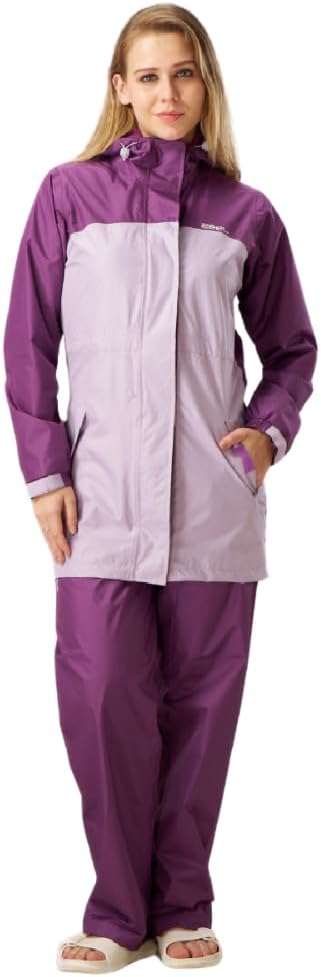 Rain Coat for Women Waterproof with Adjustable Hood, Rainwear Suit with Polyester Jacket and Pants for Ladies, AZ11 Violet M