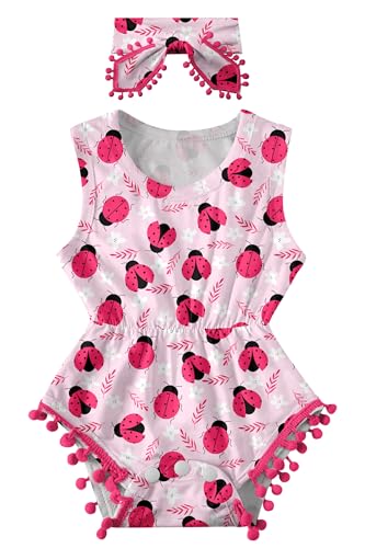 UNICOMIDEA Baby Girl Clothes 3-6 Months Floral Sleeveless Baby Cowgirl Newborn Romper Jumpsuit Outfit Set with Headband Pink Ladybug Onesie Summer Cute Vacation Rompers