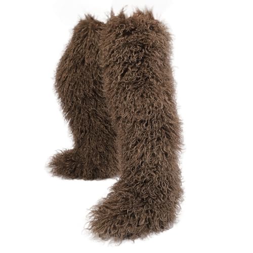 Image of Black Thigh High Fur Boots, Over the Knee Fluffy High Boots, Tall Furry shoes for Women
