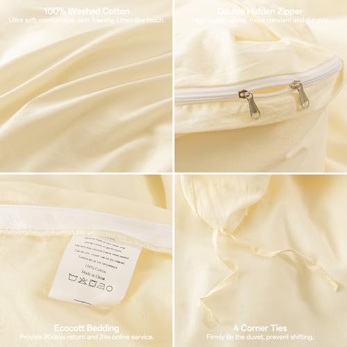 Image of ECOCOTT Duvet Cover Queen Size - 3 Piece 100% Washed Cotton Bedding Set, Soft and Breathable with Zipper Closure & 8 Corner Ties - Comfortable and Stylish for All Seasons (Cream)