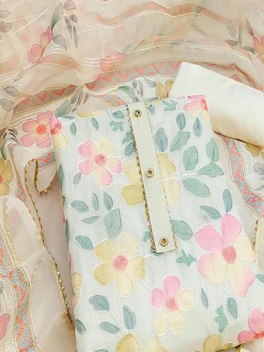 Image of Peachmode Floral Printed Organza Dress Material | Unstitched Suit Set with Santoon Bottom, Inner & Embroidered Organza Dupatta for Women