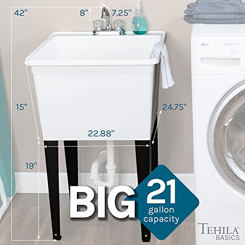 Tehila Basics By Js Jackson Supplies 21-Gallon White Freestanding Utility Sink With Chrome Finish 2-Handle Faucet, Heavy Duty Plastic Laundry Tub With Adjustable Legs #TOP1