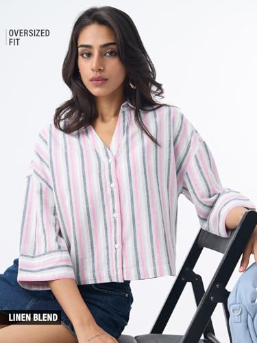 Image of The Souled Store Cotton Linen Shirt: Women and Girls Drop-Shoulder Sleeves Spread Collar Stripes Lightweight Casual Oversized Shirt