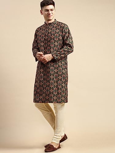Image of Men's Black Art Silk Regular Fit Ethnic Motifs Kurta | Indian Kurta | Festive Ethnic Kurta with Embroidered Packet