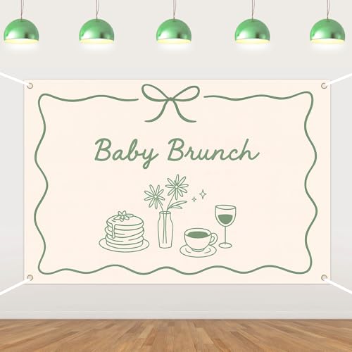 Baby Brunch Backdrop Green Brunch Themed Party Decorations Breakfast Food Coffee Bow Photography Background for Boys Girls Let's Brunchs Theme Baby Shower Indoor Outdoor Photo Props Supplies 5 * 3ft