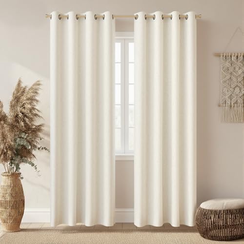 Image of 100% Blackout Linen Textured Curtains for Bedroom Full Light Blocking Room Darkening Bronze Grommet Window Drapes Thermal Insulated Energy Efficient Home Decor 52x72 Natural (2 Panels)