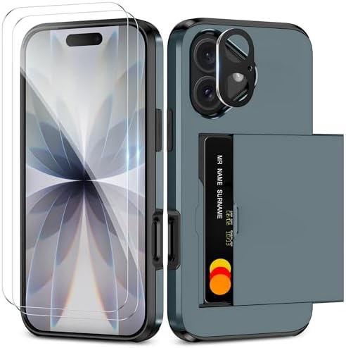 SAMONPOW for iPhone 17 Wallet Case with Card Holder + 2 Screen Protector + Camera Lens Protector Heavy Duty Protective Shockproof Dual Layer Hidden Card Slot Slim Phone Case Cover for Women Men, Navy
