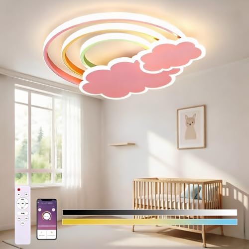KZT LED Deckenleuchte 55cm Dimmbar mit Fernbedienung & APP, Wolken Deckenlampe für Kinderzimmer Mädchen & Junge, Nachtlicht Funktion, 3000K-6000K, Rosa