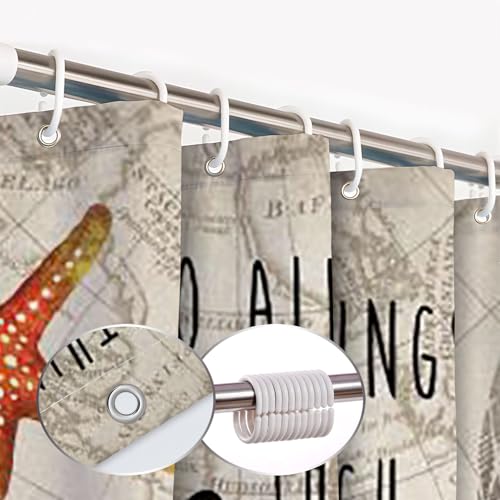 Nautical Turtle Shower Curtain Beach Teal Octopus Seahorse Sea Animal Undersea Tropical Fish Reef Starfish Anchor Lighthouse Ocean Inspirational Quote Polyester Fabric Bathroom Curtain with Hooks - Image 5