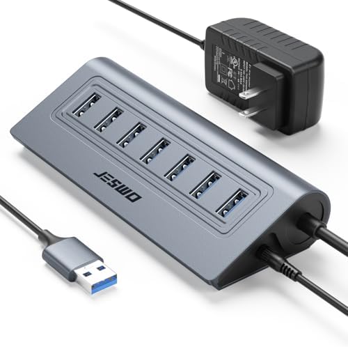 Powered USB Hub, JESWO 7-Port USB 3.0 Hub, Aluminum USB Data Hub ...