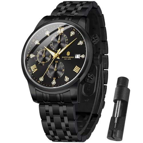 Image of Sapphero Watches for Men Waterproof Luminous Watches with Date Dial Chronograph Analog Quartz Movement Steel Stainless Business Wrist Watches Mens Gifts