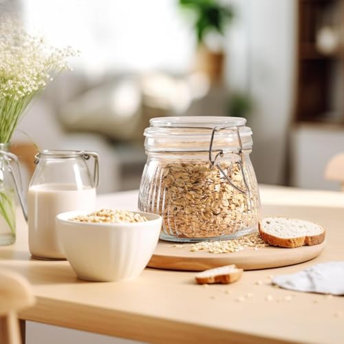Image of ginoya brothers Lining Textured Airtight Glass Storage Jar with Clip Lock Lid - Kitchen & Pantry Organizer, Multiple Sizes For Dry Food, pickles, beans, cookies (5, 500 ML)