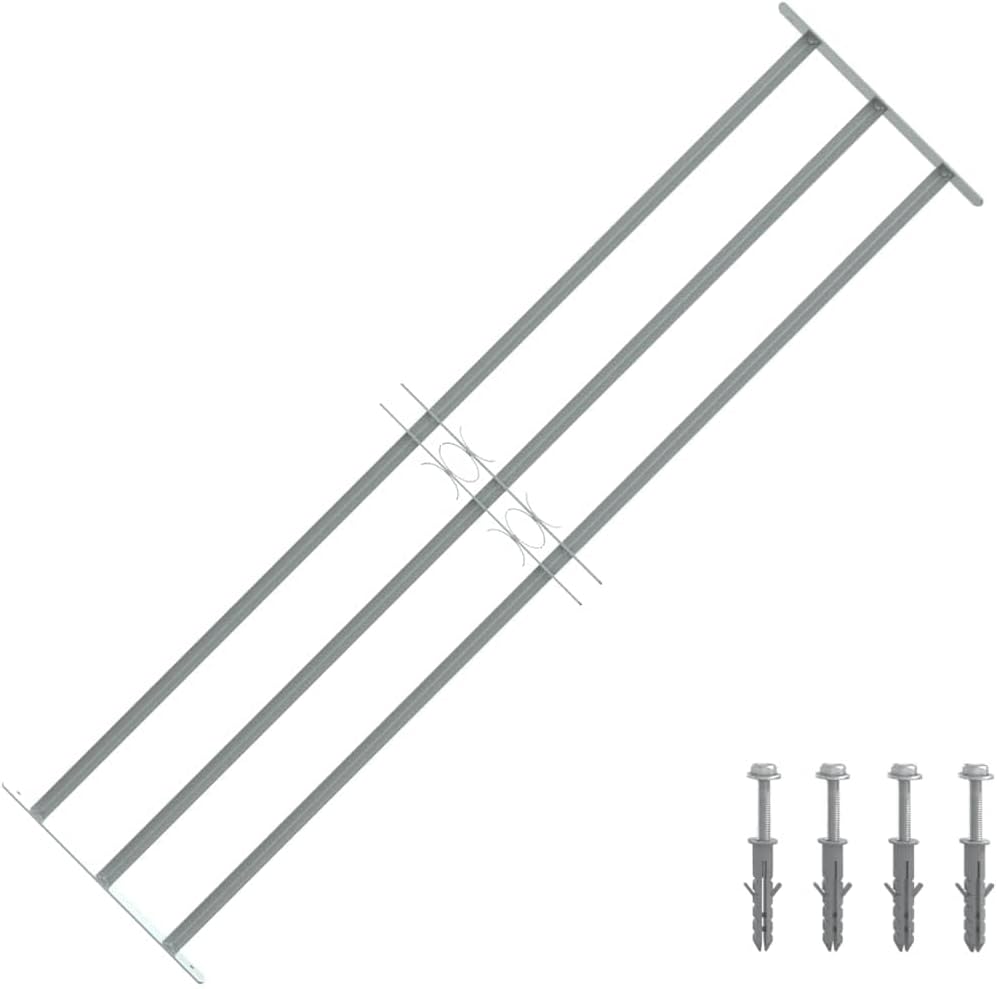 vidaXL Adjustable Security Grille for Windows with 3 Crossbars, Solid Galvanized Steel, Silver, Extendable Width 39.4"-59.1", Sturdy and Easy to Install