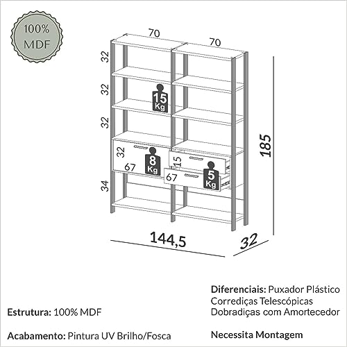 Estante Livreiro Dalla Costa e92-100% MDF 1 Porta 2 Gavetas - Freijo/Preto Fosco