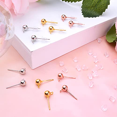 300Pcs 3 Colors Ball Post Earring Studs Hypoallergenic Alloy Ear Pins Earring Posts With Loop And 300Pcs Silicone Clear Bullet Earring Backs For Diy Crafts Jewelry Making #TOP6