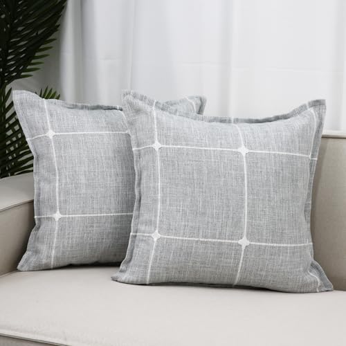 Cythasily Decorative Linen Cotton Pillow Covers Embroidery Plaid Square Farmhouse Throw Pillows Cases Check Cushion Cover Sham for Couch Sofa Chair Bed Living Room Home Decor, 18 ×18 Inch 2 Pack Grey
