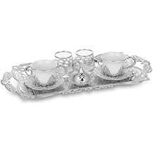 Alisveristime 2-Person Turkish Coffee Serving Set with Cups, Water Glasses, Delight Bowl and Zamac Tray Elegant Ottoman Style with 2 Color Options Silver